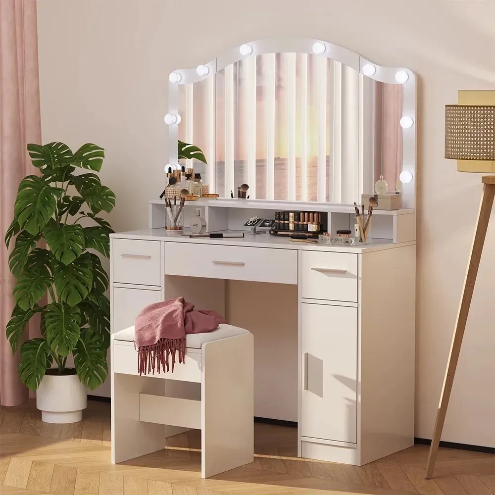 Masuta machiaj cu Oglinda LED si 3 Sertare pentru Cosmetice, Set Masa toaleta 110 cm, Alb, masuta cosmetica, vanity - SEA809