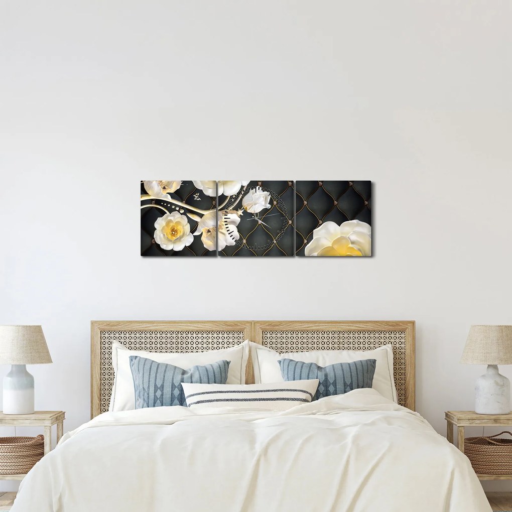 Tablou - Imagine cu flori de trandafir alb (cu ceas) (90x30 cm)