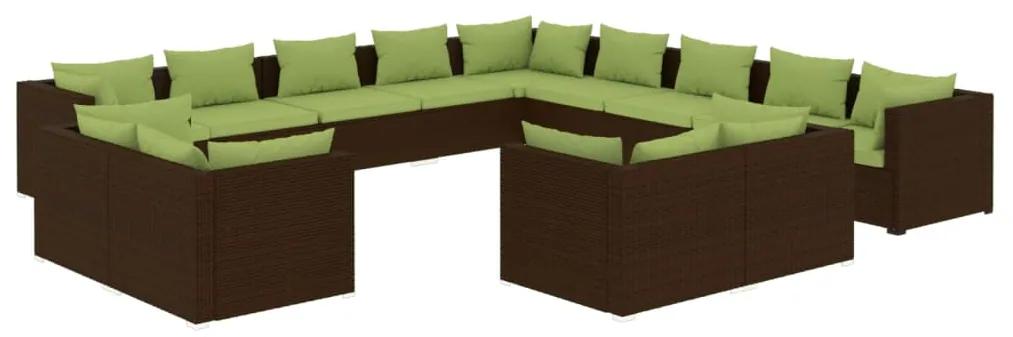 Set mobilier de gradina cu perne, 13 piese, maro, poliratan maro si verde, 7x colt + 6x mijloc, 1