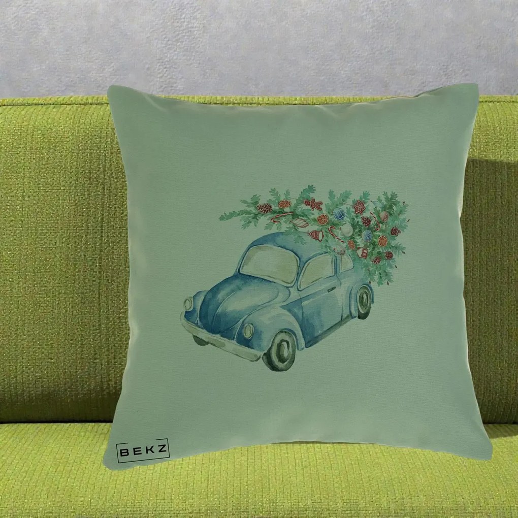 Perna Decorativa Masinuta Albastra cu Brad de Craciun, 40x40 cm, Verde, Husa Detasabila, Perna Inclusa, BEKZ®