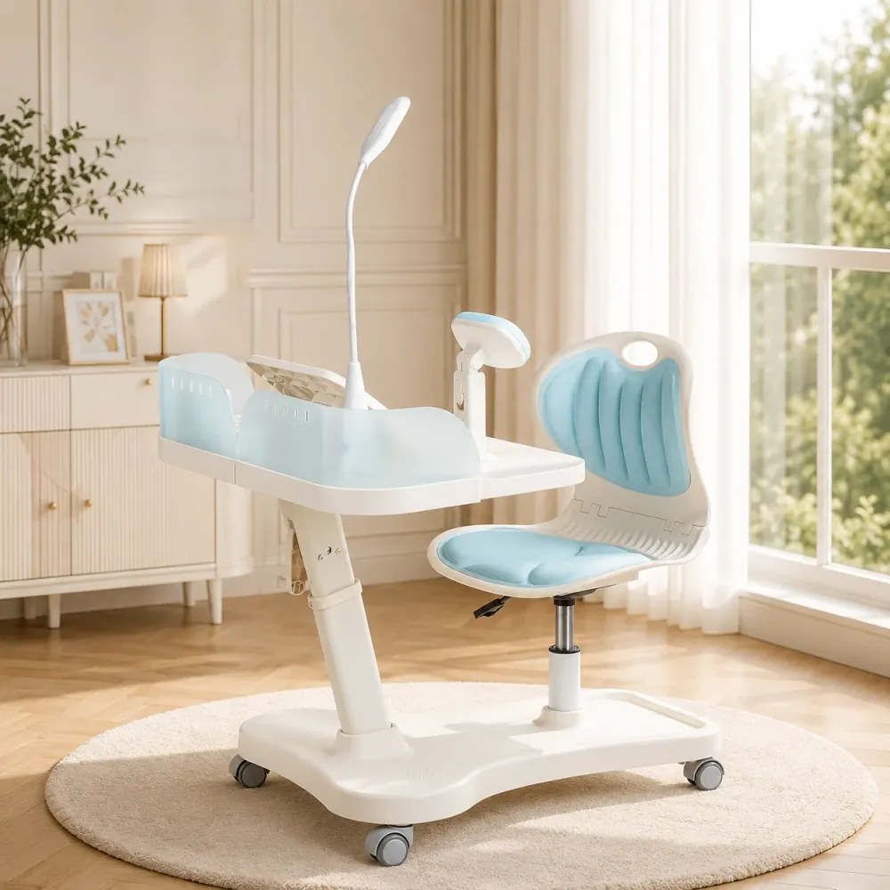 SmartStudy ErgoPro Kids – Set Birou și Scaun Ergonomic pentru Copii, Reglabile pe înălțime, cu Lampă LED Integrată, Suport Reglabil pentru Carte și Tabletă, Spătar Rabatabil, Roți Inteligente Gravity Lock, Albastru