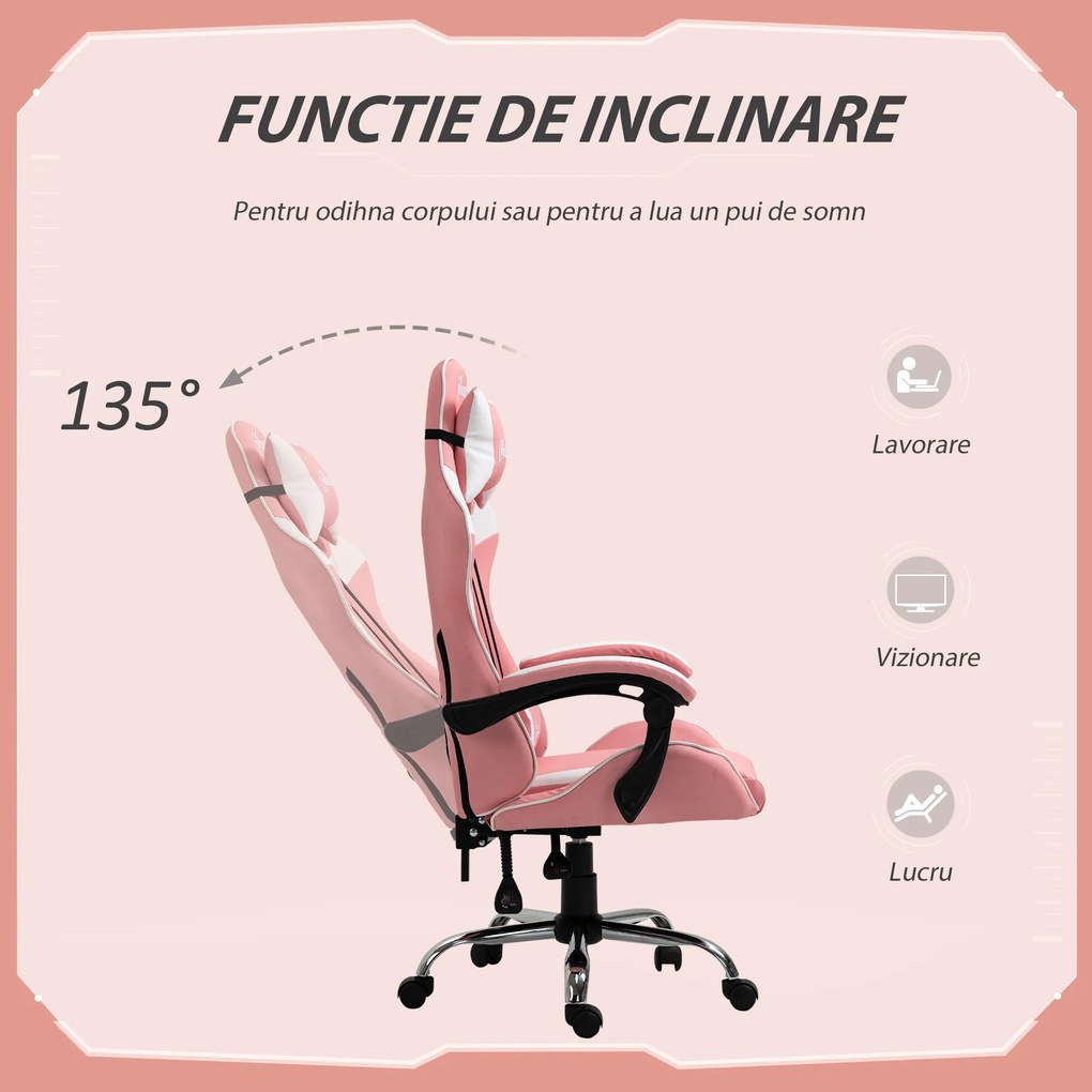 Vinsetto Scaun Gaming Ergonomic Roz, cu Tetieră, Înălțime Ajustabilă, Rabatabil, 63x67x119-127cm, Confort Maxim | Aosom Romania