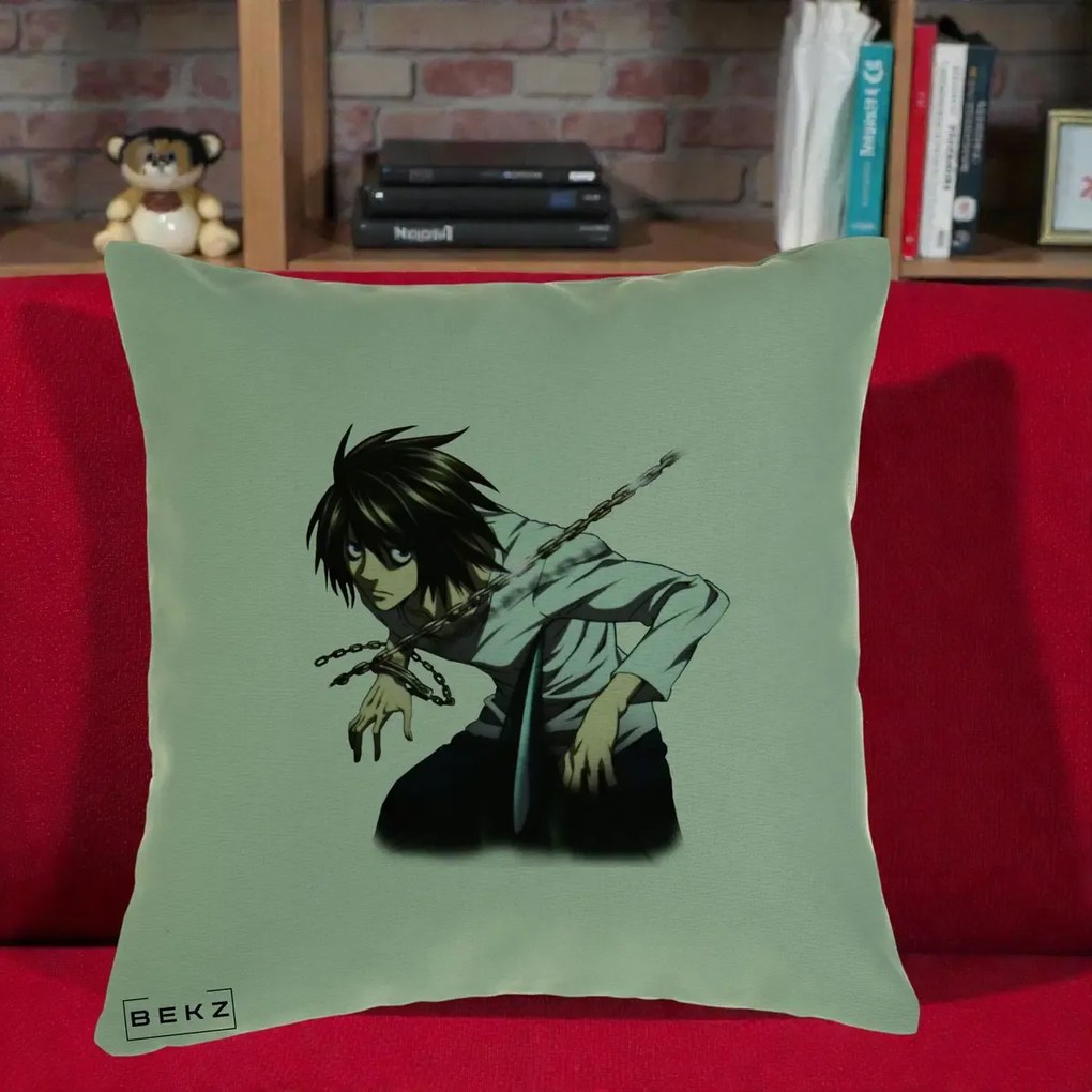 Perna Personalizata Death Note L Lawliet Lanturi, 40x40 cm, Verde, Husa Detasabila, Perna Inclusa, BEKZ®