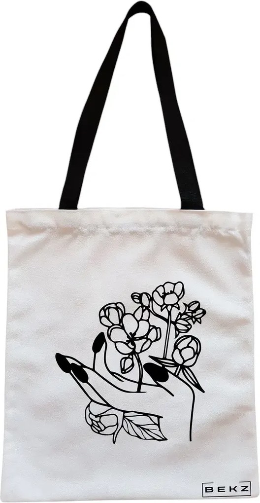 Sacosa de Panza pentru Cumparaturi, Geanta Tote, model Floral Hand, Cu fermoar, 38x34.5 cm, Alba, BEKZ®