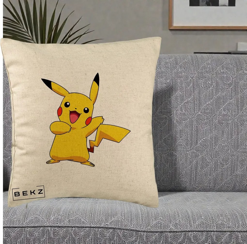 Perna Personalizata Pikachu Fericit, 40x40 cm, Bej, Husa Detasabila, Perna Inclusa, BEKZ®