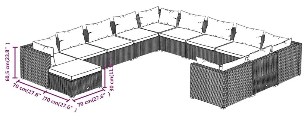 Set mobilier de gradina cu perne, 12 piese, negru, poliratan Negru si albastru, 4x colt + 7x mijloc + suport pentru picioare, 1