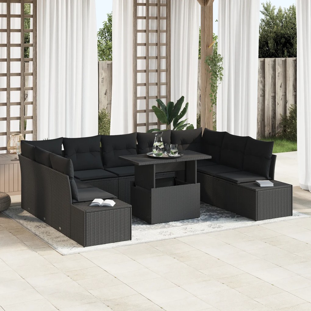 vidaXL Set de canapea pentru grădină cu 10 piese și perne, ratan poly negru