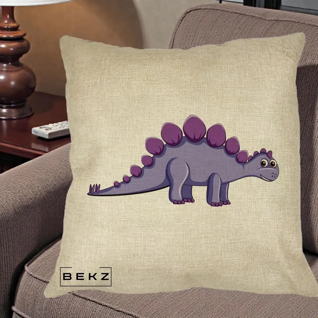 Perna Personalizata Stegozaur Mov, 40x40 cm, Crem, Husa Detasabila, Perna Inclusa, BEKZ®