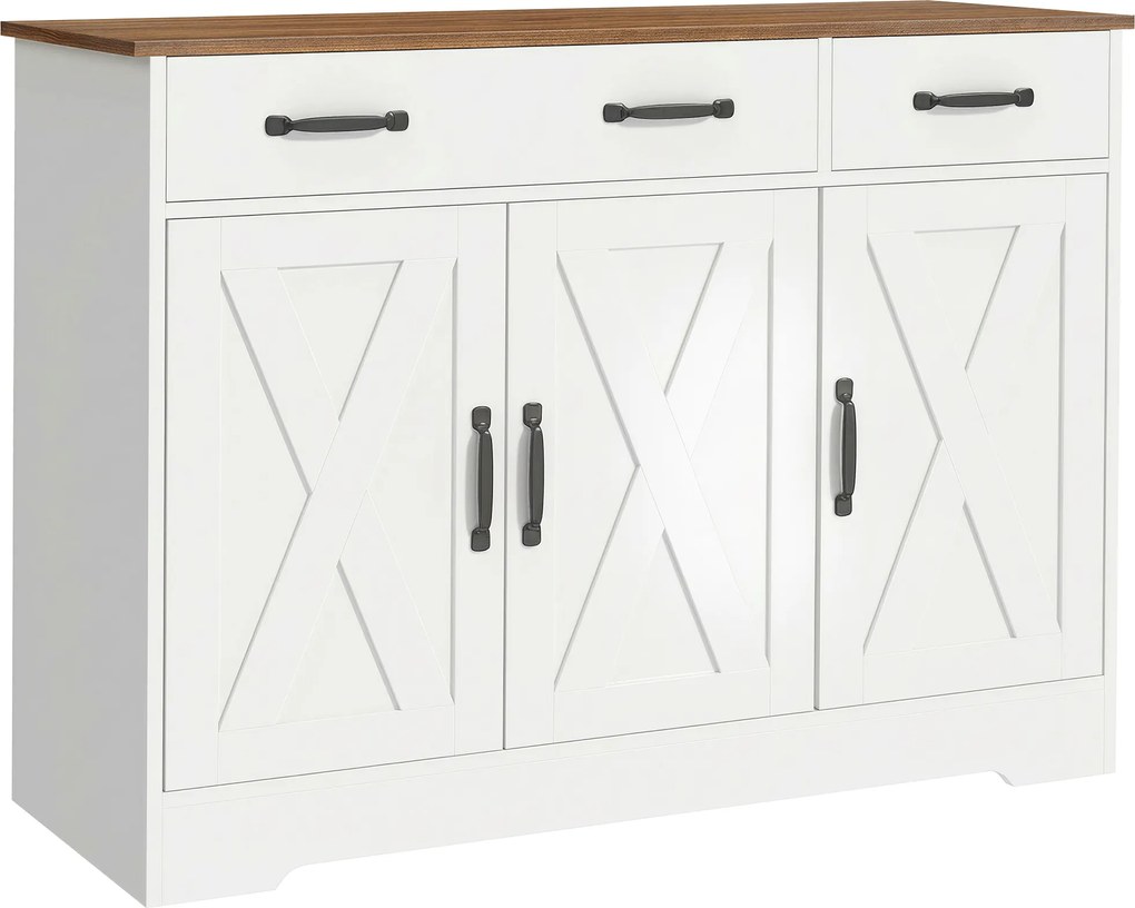 HOMCOM Bufet de bucătărie, mobilier de depozitare cu 3 uși tip hambar, 2 sertare și rafturi reglabile, 108 x 40 x 81 cm, alb | Aosom Romania