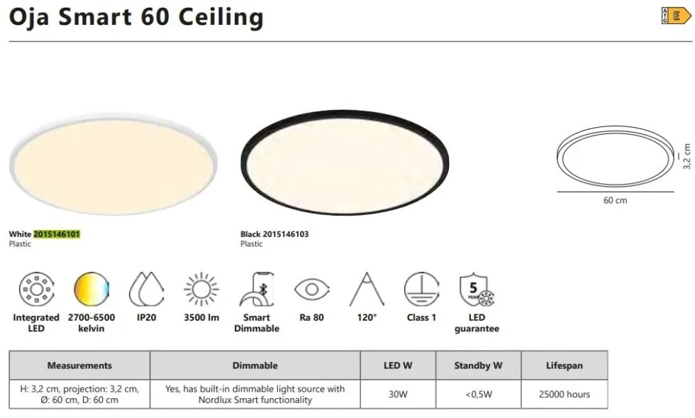 Panou LED CCT ultra-subtire Oja Smart 60 White