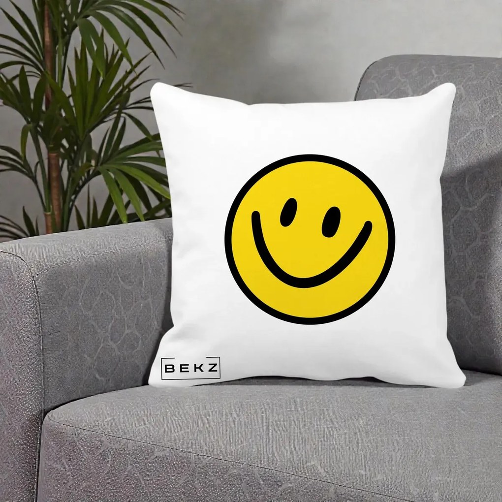 Perna Decorativa Smiley Face Galben Clasic, 40x40 cm, Alba Mata, Husa Detasabila, Perna Inclusa, BEKZ®
