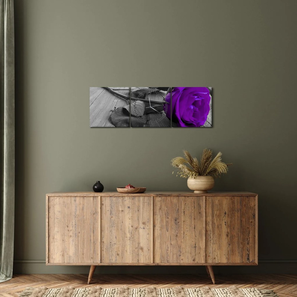 Tablou - Trandafir violet cu tulpina verde (cu ceas) (90x30 cm)