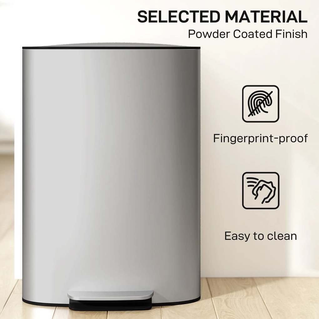 HOMCOM Coș de Gunoi cu Pedală de 50L cu Capac Amortizat, Deschidere la 90° și Găleată Detașabilă, Oțel Inoxidabil, Gri | Aosom Romania