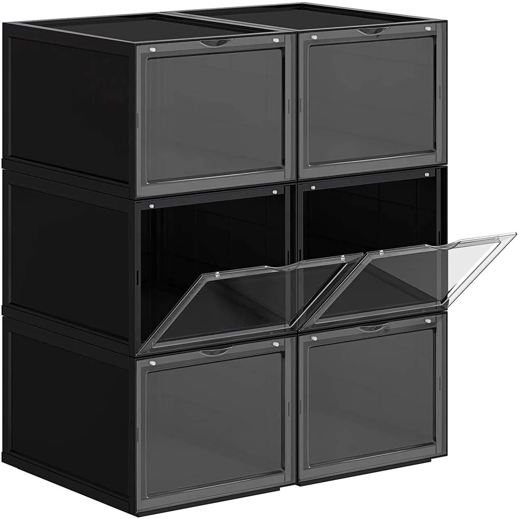 Cutii de pantofi din plastic stivuibile, set de 6, negre | SONGMICS