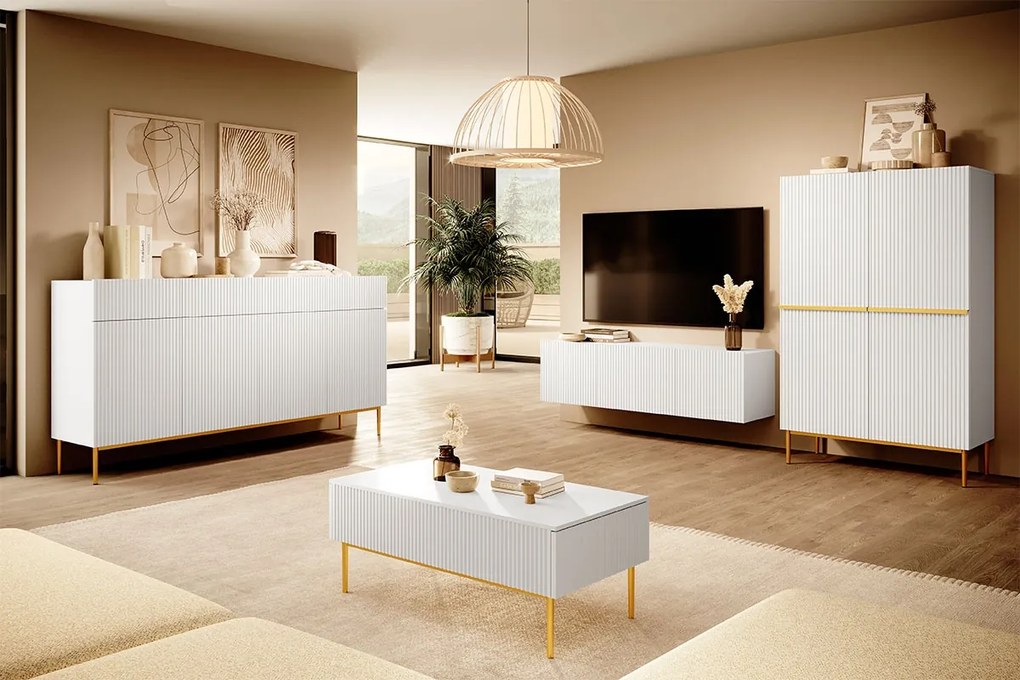 Comodă înaltă Nicole 100 cm - alb mat / picioare aurii