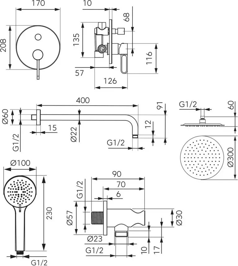 Sistem dus negru mat 6 in 1, baterie incastrata, cap dus fix, brat, para, furtun si racord, Zaffiro, FDesign
