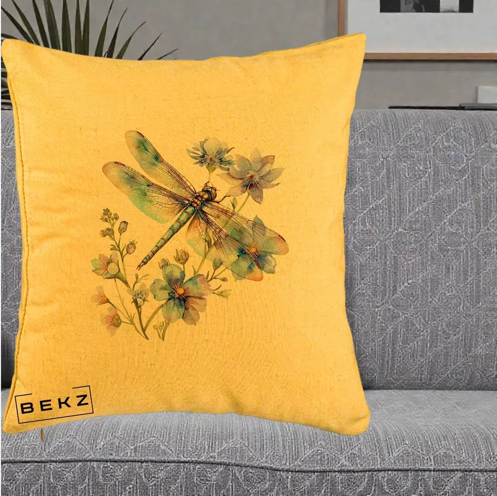Perna Decorativa Libelula Acuarela Flori Albastre, 40x40 cm, Galben, Husa Detasabila, Perna Inclusa, BEKZ®