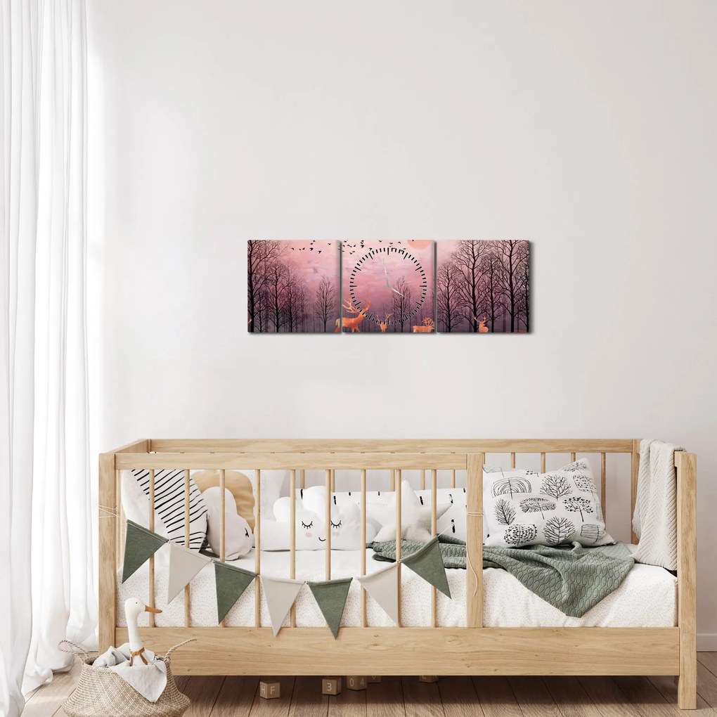Tablou - Căprioare în strălucirea apusului de soare (cu ceas) (90x30 cm)