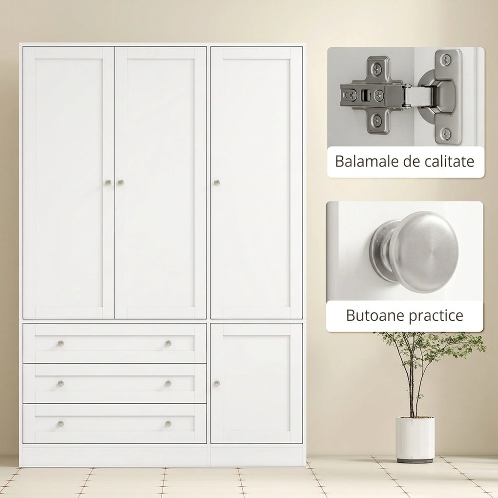 HOMCOM Dulap Modern cu Bară pentru Umerașe, 3 Sertare și Raft Reglabil, Alb | Aosom Romania