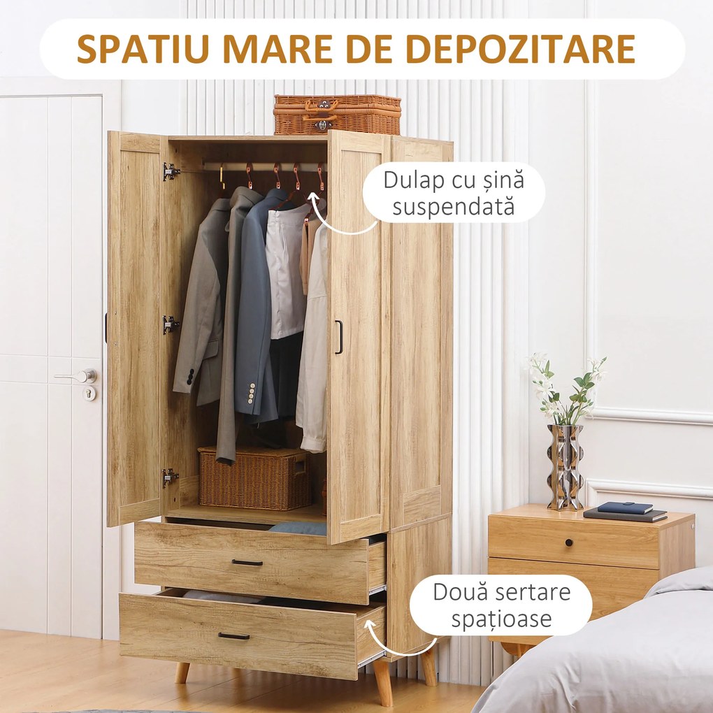 HOMCOM Dulap Dormitor 2 Uși cu 2 Sertare și Bară pentru Umerașe 80x54x180 cm Lemn | Aosom Romania