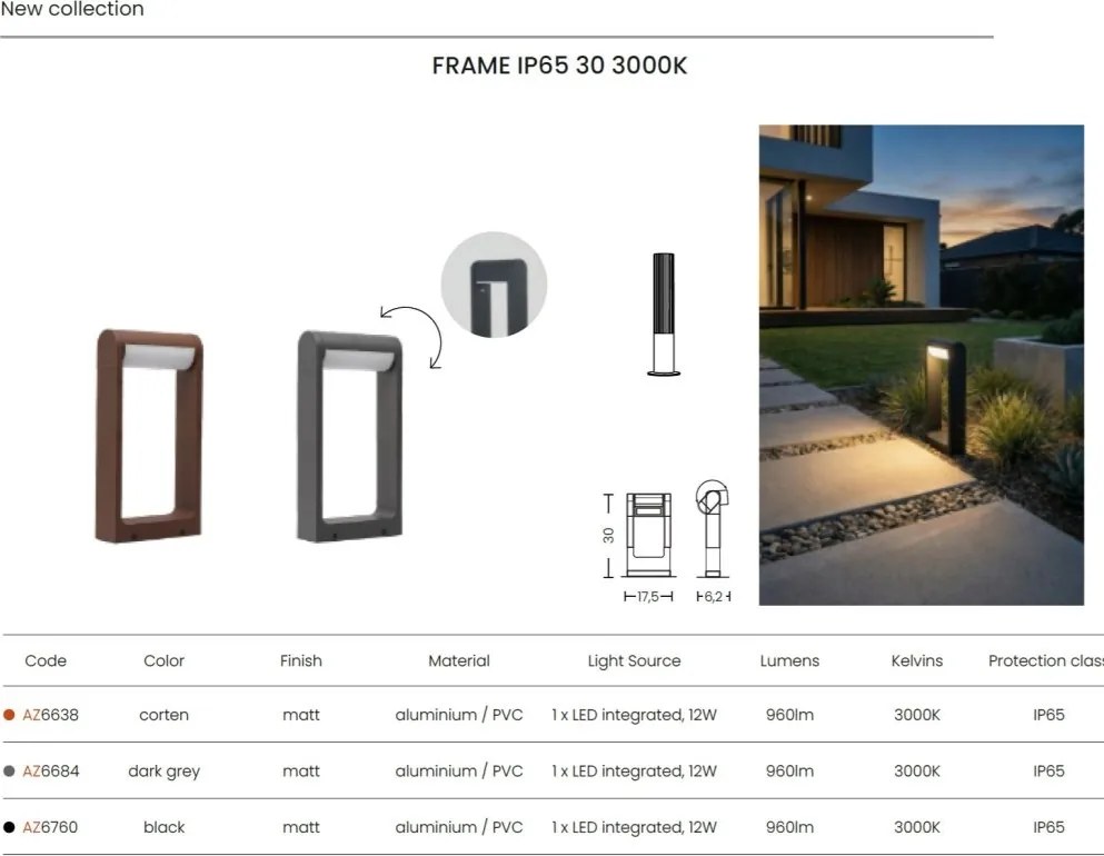 Stalp exterior LED modern IP65 FRAME 30 3000K BK