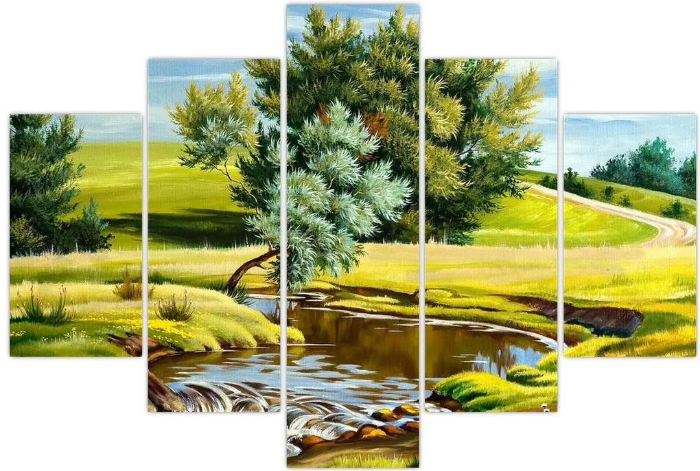 Tablou - Râu între câmpii, pictură în ulei (150x105 cm)