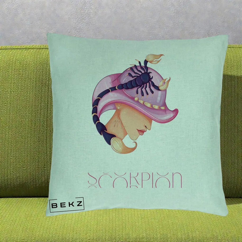 Perna Personalizata Zodiac Scorpion Cowgirl, 40x40 cm, Verde Menta, Husa Detasabila, Perna Inclusa, BEKZ®