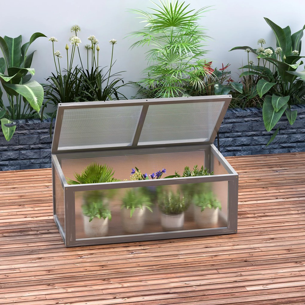 Outsunny Frühbeet Sopron din lemn și policarbonat 90 x 46 x 40 cm Șopron cu acoperire rezistentă la intemperii pentru grădină Plantbeet Gri | Aosom Romania