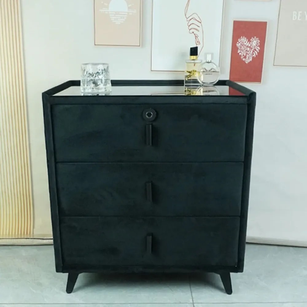 Noptieră inteligentă multifuncțională, 3 sertare, blocare cu amprentă, LED-uri tactile, 3 tipuri de culoare, încărcare fără fir, Difuzor Bluetooth, incarcare USB, sticla securizata, catifea, Negru
