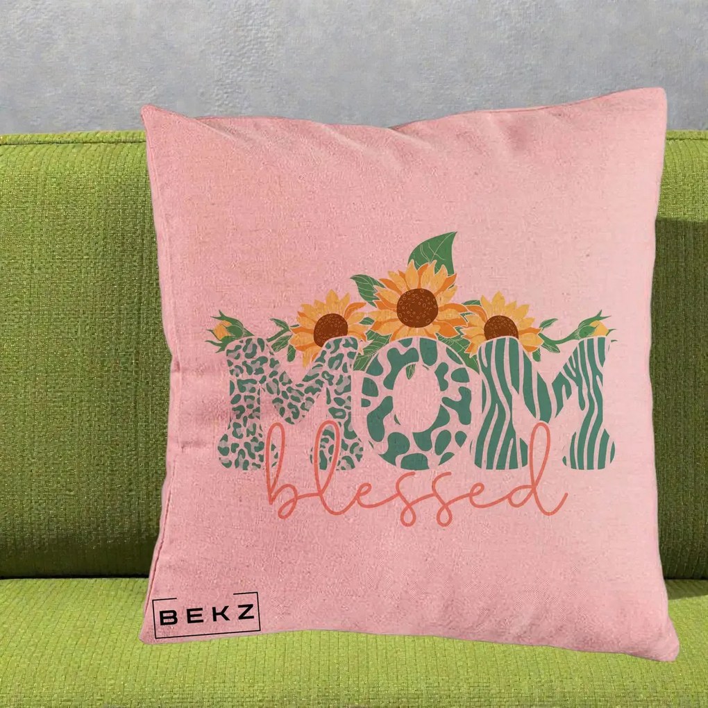 Cadou pentru Mama - Perna Personalizata Mom Blessed cu Floarea Soarelui Animal Print Teal, 40x40 cm, Roz, Husa Detasabila, Perna Inclusa, BEKZ®