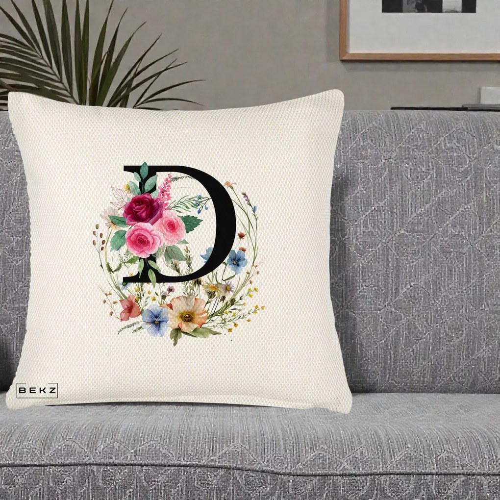 Cadou Personalizat - Perna Personalizata Monogram Litera D cu Flori Acuarela, 40x40 cm, Crem Reliefat, Husa Detasabila, Perna Inclusa, BEKZ®