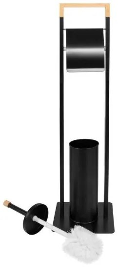 Suport pentru hartie igienica cu perie wc, metal si bambus, negru, 74 cm, Springos