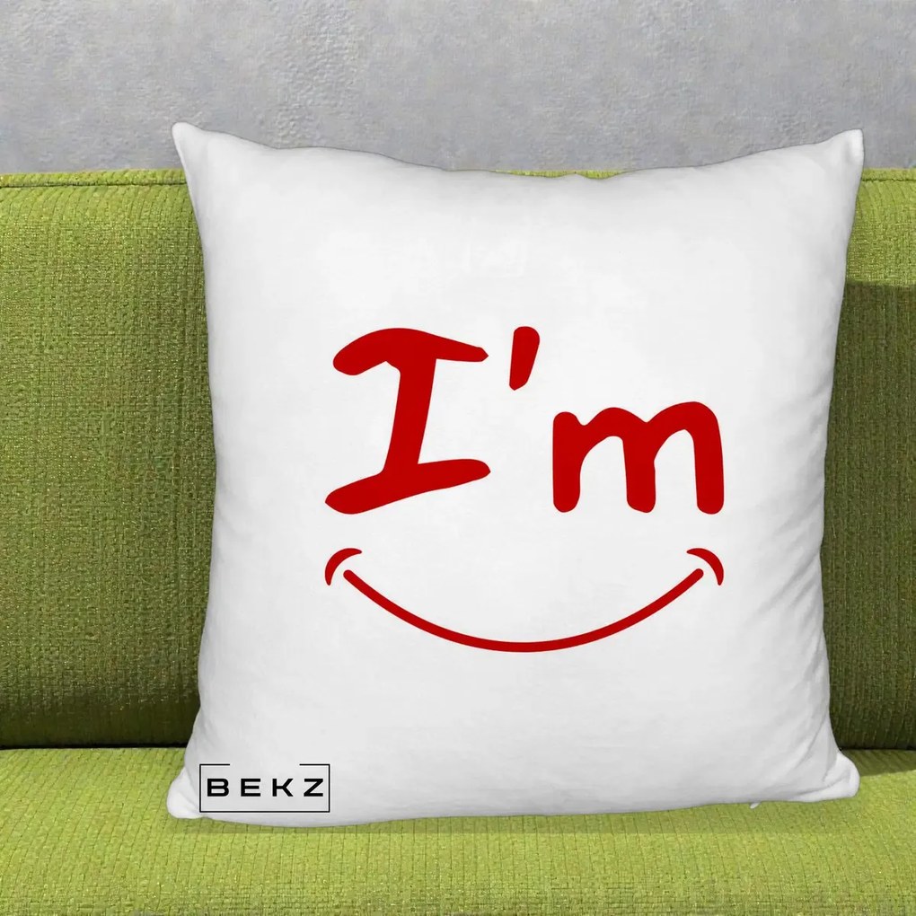 Perna Decorativa I'm Happy Smile, 40x40 cm, Alb Pufos, Husa Detasabila, Perna Inclusa, BEKZ®