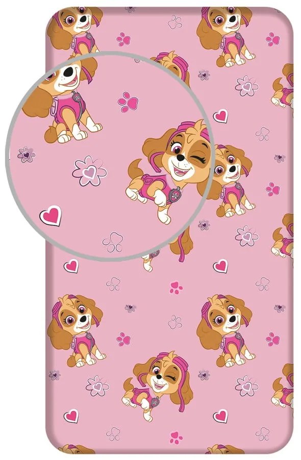 Cearceaf pentru copii roz din bumbac pentru pat de o persoană cu elastic 90x200 cm Paw Patrol – Jerry Fabrics