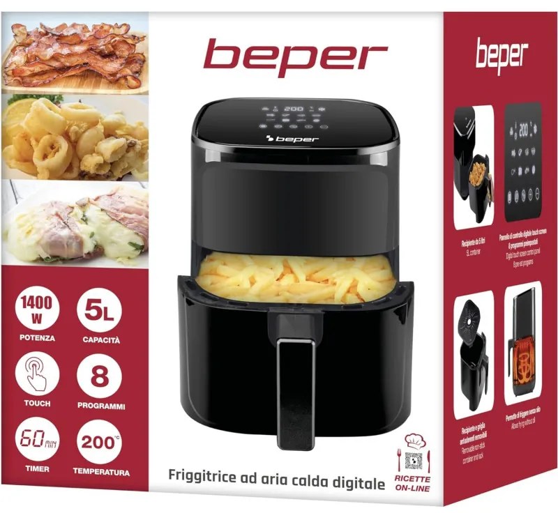 Friteuză cu aer cald Air Fryer Beper P101FRI051, 1400 W, 5 l, 8 programe, 80-200 °C, cronometru, negru
