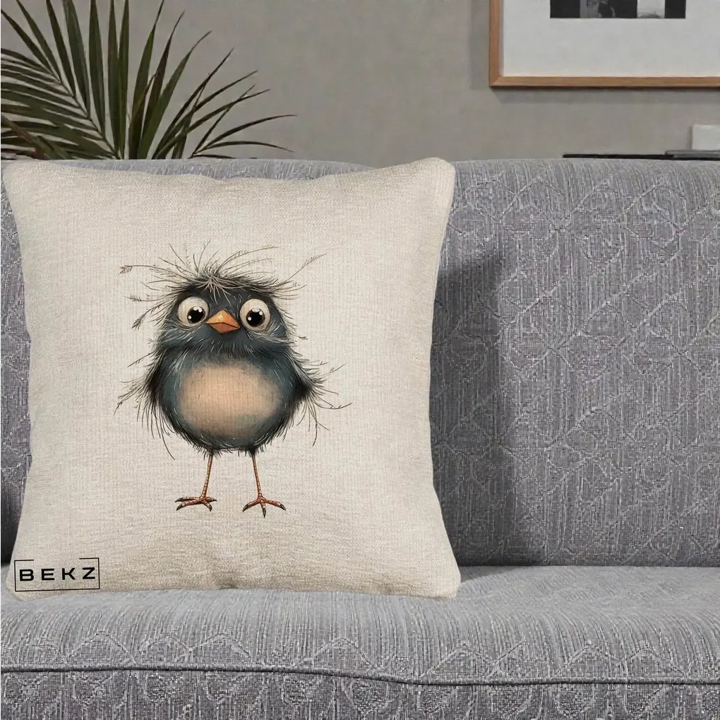 Perna Decorativa Pui Negru Zbarlit cu Pene Fine, 40x40 cm, Bej Canapea, Husa Detasabila, Perna Inclusa, BEKZ®