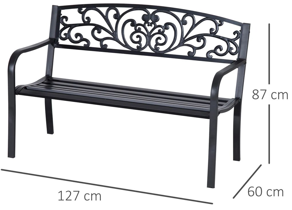 Outsunny Banca de gradina din metal cu spatar decorat, 127x60x87cm – negru | Aosom Romania