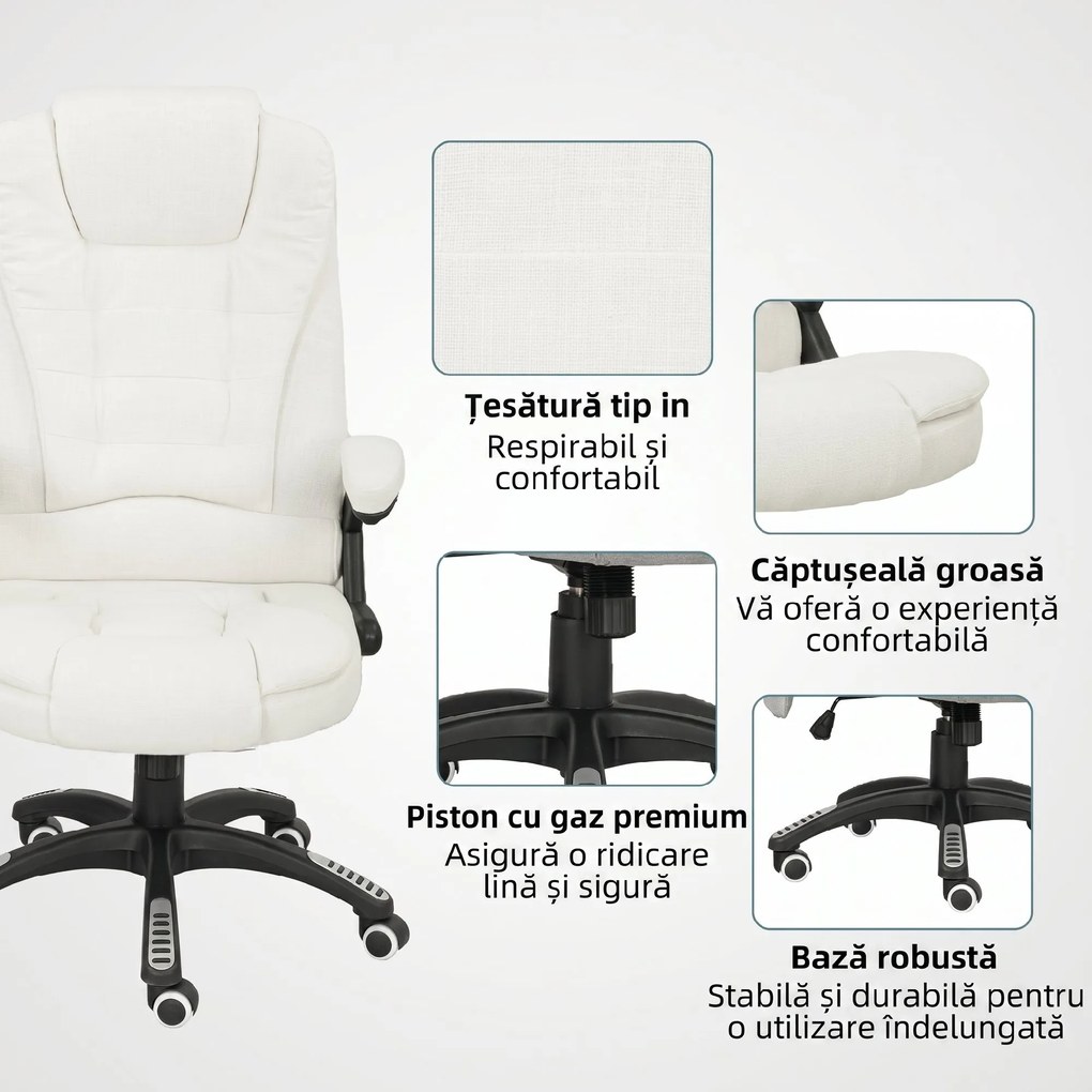 Vinsetto Scaun de Birou Reclinabil cu Masaj, Înălțime Reglabilă, Telecomandă, Textil cu Aspect de In, Crem | Aosom Romania