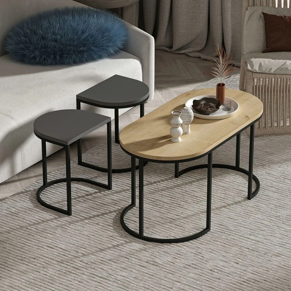 Masuta de cafea set (3 bucăți) Dena - Anthracite, Oak