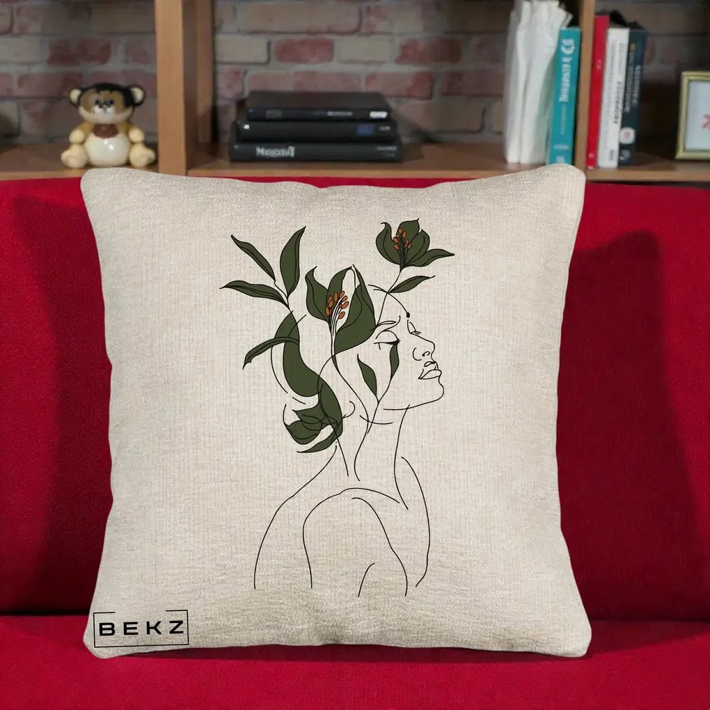 Perna Decorativa Portret Feminin Crin Verde, 40x40 cm, Bej Canapea, Husa Detasabila, Perna Inclusa, BEKZ®