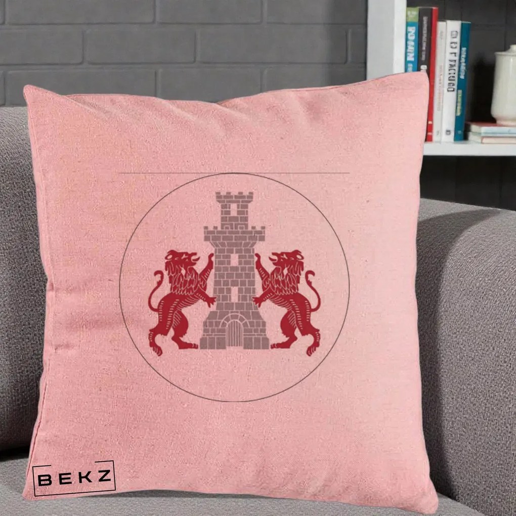 Perna Personalizata Cetatea Turnu Magurele Heraldic, 40x40 cm, Roz, Husa Detasabila, Perna Inclusa, BEKZ®
