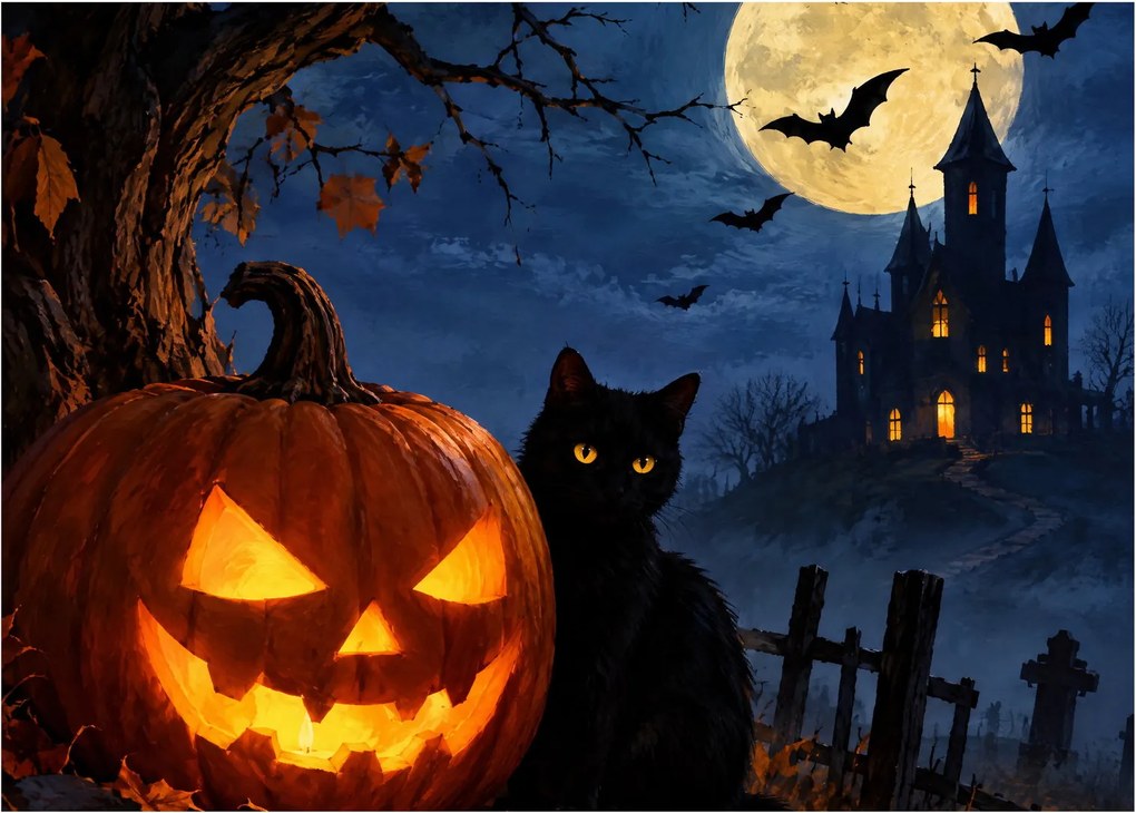 Tablou pe sticlă - Pisică neagră lângă un dovleac luminat de Halloween (70x50 cm)