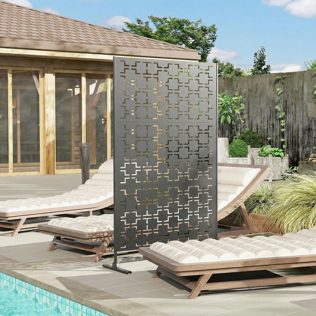 Outsunny Panou paravan decorativ de exterior cu model geometric decupat din metal - 122 x 45 x 198 cm, negru | Aosom Romania