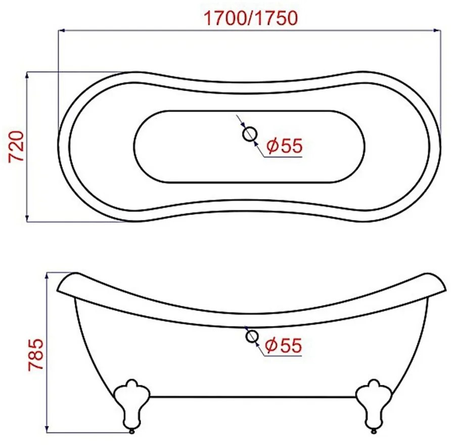 Cada baie freestanding cu picioare retro 170 x 72 cm Florida, Garda 1700x720 mm