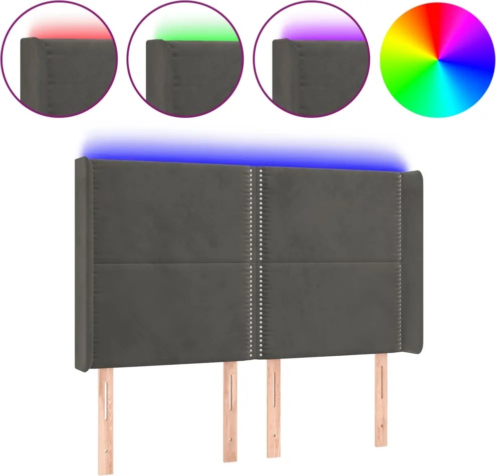 vidaXL Tăblie de pat cu LED, gri închis, 147x16x118/128 cm, catifea