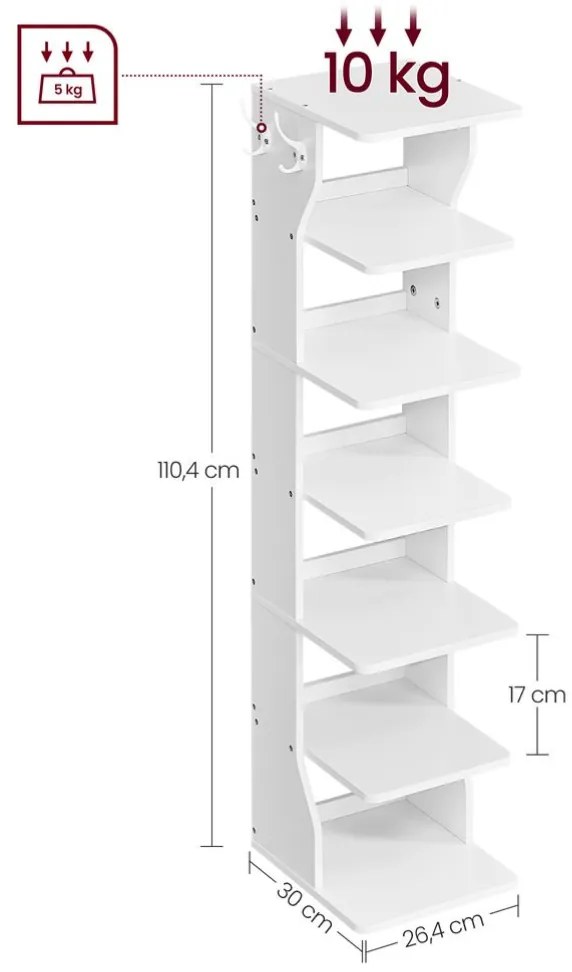 Suport pantofi CINDY, 6 niveluri, 30x26.4x110.4cm, alb Vasagle