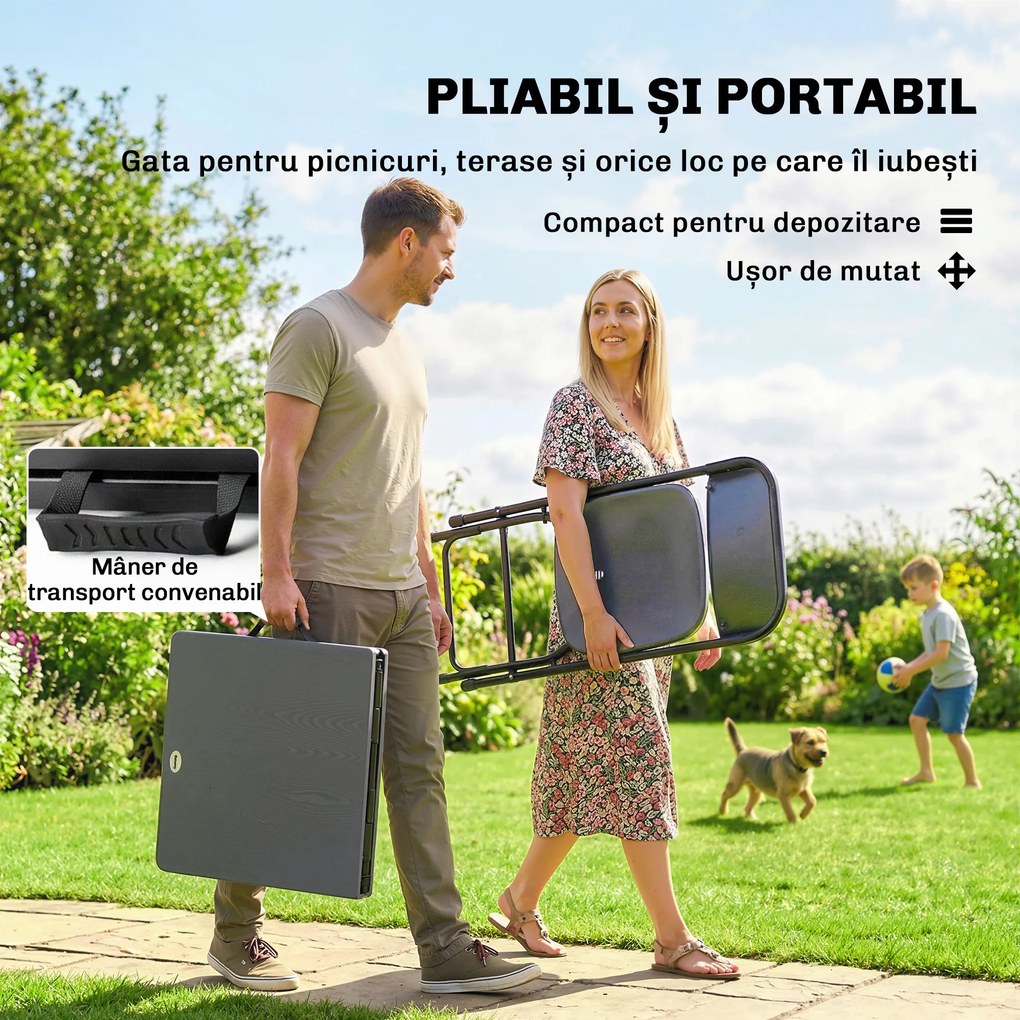 Outsunny Set Masă și Scaune Pliabile de Grădină, 5 Piese, Masă Reglabilă cu Blat HDPE Efect Lemn și 4 Scaune, Set Mobilier Exterior pentru Terasă și Balcon, Gri Închis | Aosom Romania