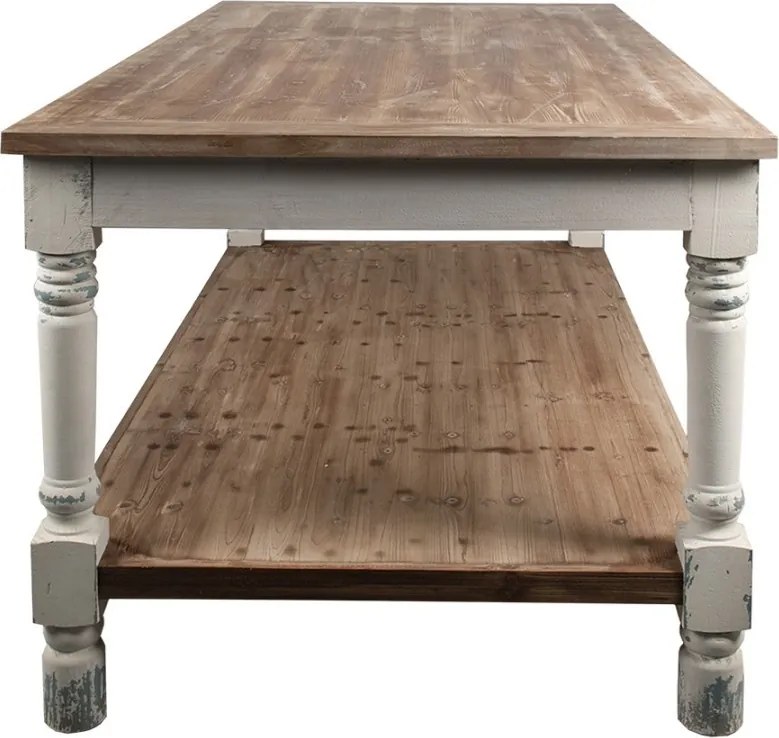 Masă de prezentare shabby chic din lemn, natur, cu raft inferior și picioare strunjite, finisaj alb antichizat, 85 x 200 x 100 cm, „Clarisse”