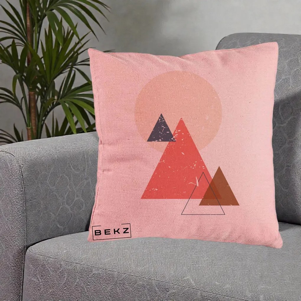 Perna Decorativa Geometric Munti si Soare, 40x40 cm, Roz, Husa Detasabila, Perna Inclusa, BEKZ®