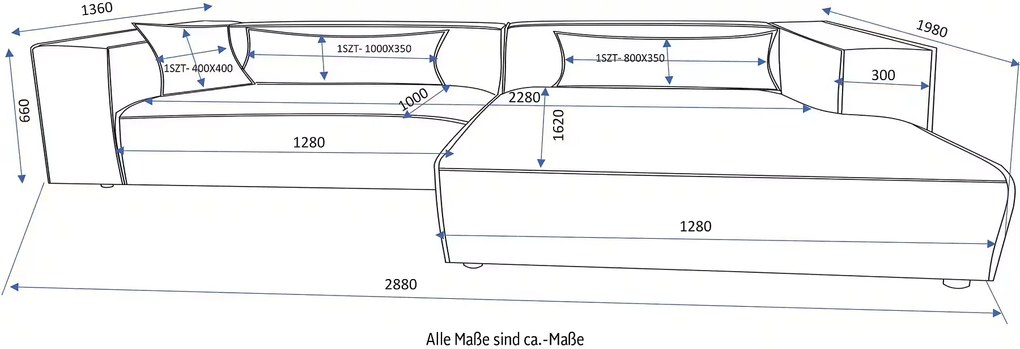 Colțar fix ~Hayak~ pe dreapta, material velur catifelat, 288 cm lungime, culoare crem